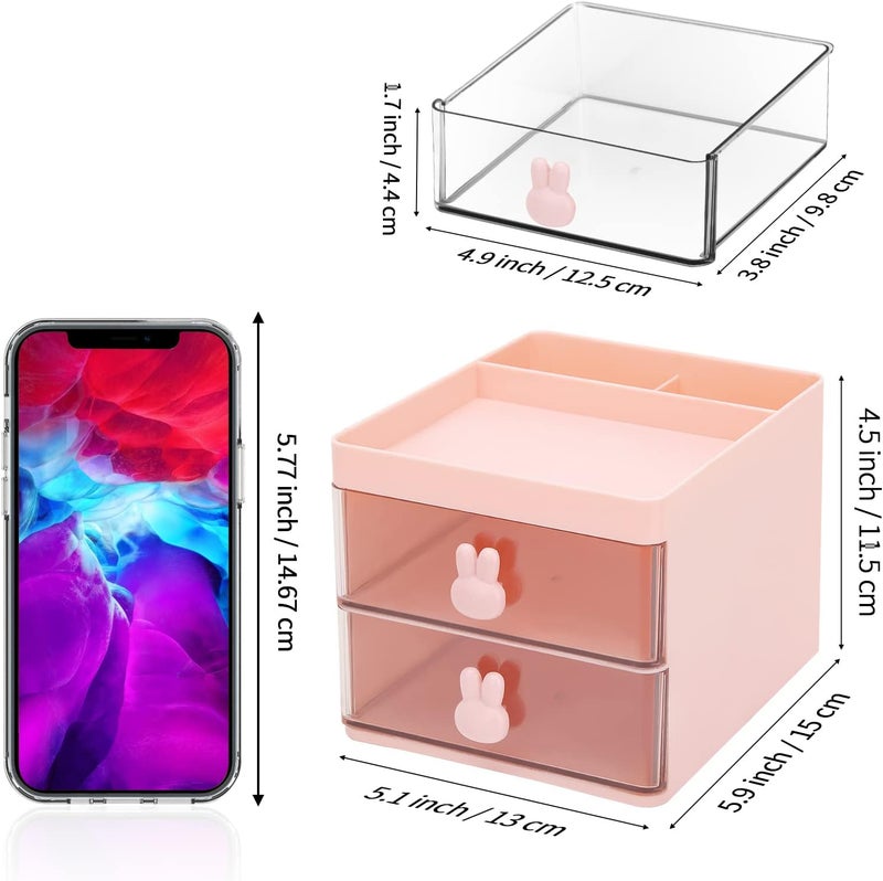 LETURE Small Desk Organizer With Drawer, Office Desktop Storage Box, Business Card/Pen/Pencil/Mobile Phone/Stationery Holder Storage Box, Makeup Organizer for Office School Home (Pink) - Image 2